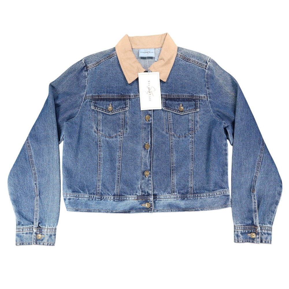 Studio Ease Denim Jacket Womens 8 Blue Cotton Faux Suede Collar WAAC77RI NWT